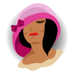 Portrait of a woman in a pink hat with black hair, front view, on a white background. Avatar. Isolated, vector illustration.