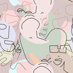 One line drawing. Abstract face seamless pattern.