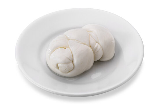 braid of italian mozzarella cheese made with buffalo milk in white plate isolated on white background