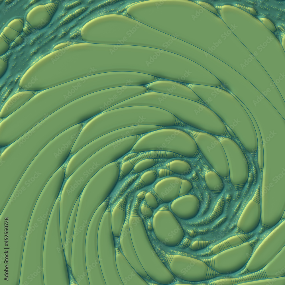 Aufkleber Green organic spiral shape in trendy style psychedelic background. Smooth 3d rendering digital illustration