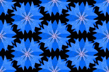 Seamless pattern, blue geometric stylized cornflower flowers, in a simple pattern on a black background. Bright ornament. Vector illustration
