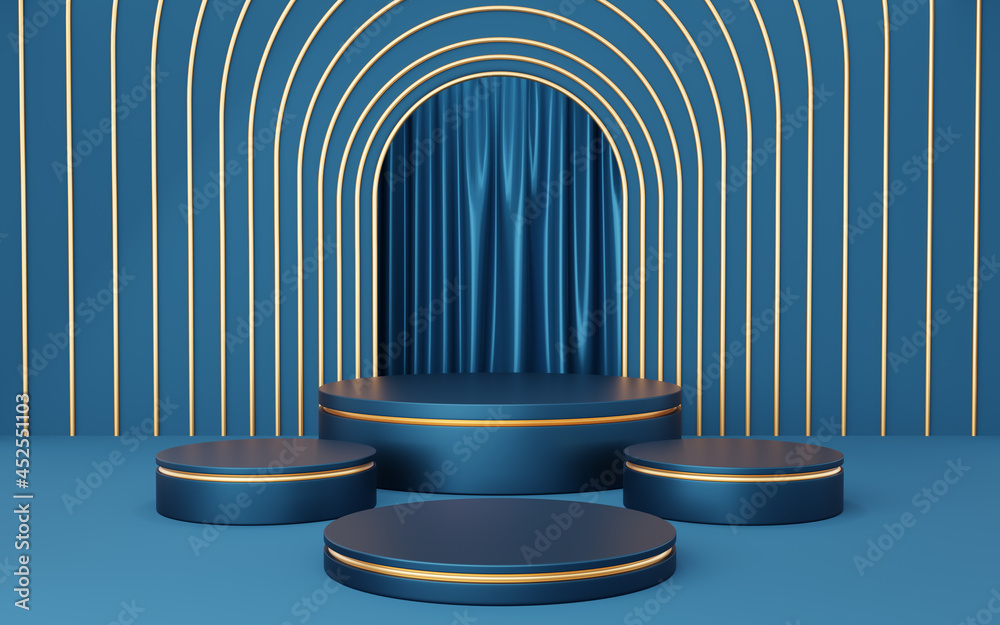 Wall mural 4 empty blue cylinder podium with gold border on blue arch and curtain background. abstract minimal 
