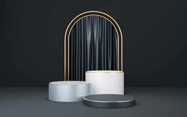 Empty white, gray cylinder podium and gold border on black arch and curtain background. Abstract minimal studio 3d geometric shape. Pedestal mockup space for display of product design. 3d rendering.