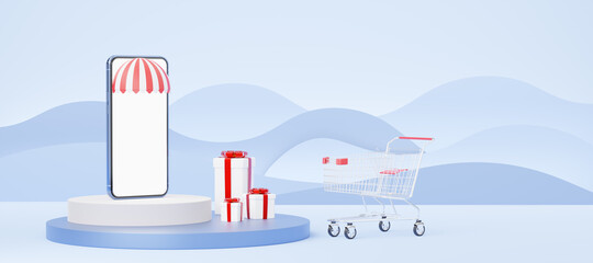 Blue mobile phone with dome awning, shopping cart, gift box on cylinder podium on wave background. Digital marketing online, e commerce, app store concept. smartphone blank white screen. 3d render.