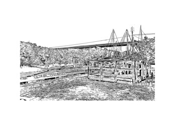 Building view with landmark of  Key Largo is the 
census place in Florida. Hand drawn sketch illustration in vector.