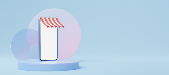 Blue mobile phone with awning on cylinder podium with pink blue translucent round glass. Digital marketing online, e commerce, app store concept. smartphone with blank white screen. 3d render.