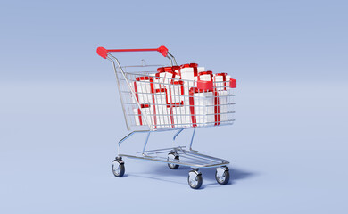 Shopping cart with red bow white gift box isolated on blue background. Marketing online and e-commerce concept. Shop trolley mockup realistic. Abstract minimal studio 3d rendering.