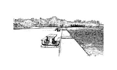 Building view with landmark of  Key Largo is the 
census place in Florida. Hand drawn sketch illustration in vector.