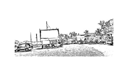 Building view with landmark of  Key Largo is the 
census place in Florida. Hand drawn sketch illustration in vector.