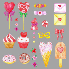 Hand-drawn watercolor set for Valentine's Day, engagement, wedding with sweets, candys, donuts, iceceam,valentines, sweets, envelopes, flowers for wrapping paper, cards, backgrounds, fabrics, prints.