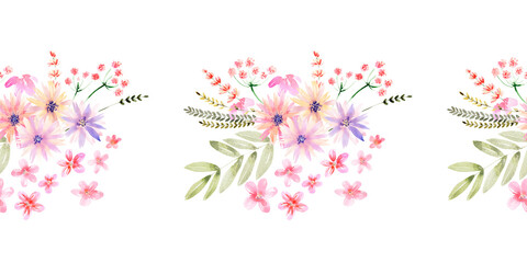 Watercolor seamless border with flowers, festive bouquets and individual elements of bouquets
