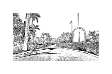 Building view with landmark of  Key Largo is the 
census place in Florida. Hand drawn sketch illustration in vector.