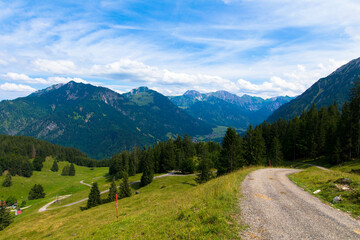 Fototapeta na wymiar Panoramic view of hiking trails. Bad Hindelang, bavarian alps. Tourism and hiking concept. Oberjoch, Allgäu, Germany