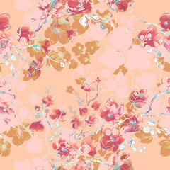 Abstract seamless floral print drawn exotic flowering branches. Beautiful print for decoration of textiles and design. Light pastel art background.