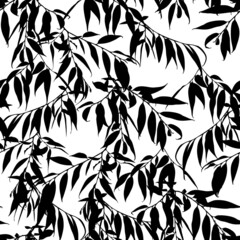 Monochrome vector cute seamless pattern with willow leaves isolated on white background. - obrazy, fototapety, plakaty