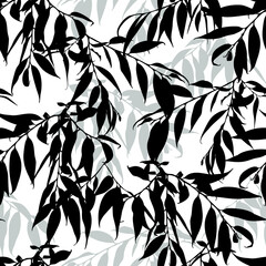 Monochrome vector cute seamless pattern with willow leaves isolated on white background..