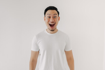Funny shocked and surprised face of Asian man isolated on white background.