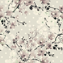 Abstract seamless floral print drawn exotic flowering branches. Beautiful print for decoration of textiles and design. Light pastel art background.