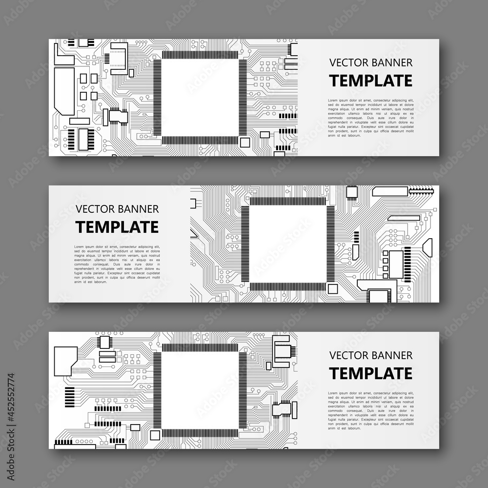 Poster Banner microcircuit. Modern template processor design. Vector abstract design web banner microcircuit. Web Header elements. Abstract web banner template microcircuit. Collection web banner processor