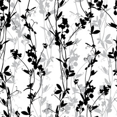 Monochrome floral seamless pattern isolated on white background.