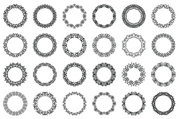 Set of vector ornate circle frames. Collection of black vintage rounded borders isolated on white background.