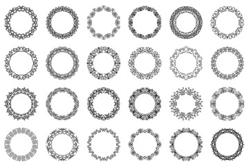 Set of ornate circle frames. Collection of black vintage rounded borders isolated on white background.