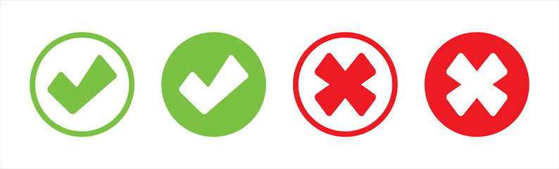 Obraz premium Checklist signs, Green check mark, red cross mark icon set. Isolated tick symbols, approval badge. Flat and modern checkmark design, vector illustration.