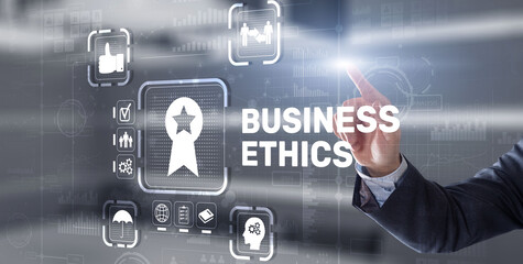 Business ethics Behavior and manners concept. Businessman pressing button on virtual screen
