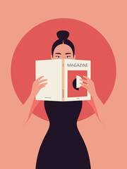 A young Asian woman is standing and holding an art magazine in her hands. Libraries and bookstores. Vector flat illustration