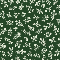 Botanical hand drawn elements seamless repeat pattern. Random placed, vector flowers with leaves all over surface print on green background.