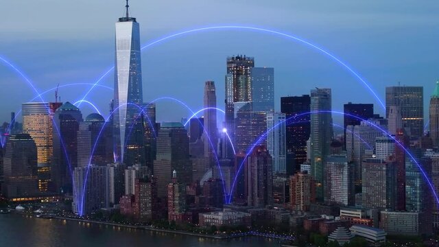 Smart and futuristic metropolis at dusk. Blue holographic lines connecting Manhattan. Arch network animation. Shot in 8K. Famous skyscrapers in downtown.
