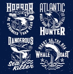 Fototapeta premium Nautical t-shirt prints, anchor and marine sea waves vector emblems. Shark and killer whale ocean fish blue signs with slogans and quotes, Atlantic fishers and hunters club grunge badges