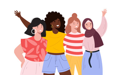 Group on young multicultural women hugging each other. Multiethnic smiling women of different religions standing together. Unity in diversity. Flat style vector illustration. Friendship concept...