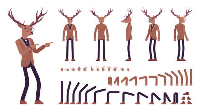 Deer man, elegant mister moose, animal head human construction set. Dressed up gentleman having large, horns, antlers, wearing glasses. Cartoon flat style infographic illustration, different gestures