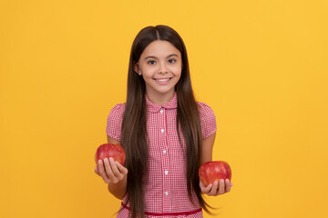 Fototapeta na wymiar cheerful teen girl hold healthy apple fruit with vitamin, diet