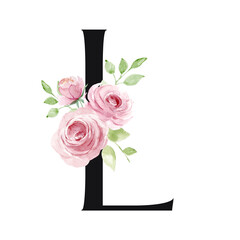 Alphabet, letter l with watercolor flowers and leaf. Monogram initials perfectly for wedding invitations, greeting card, logo, poster and other design. Hand painting.