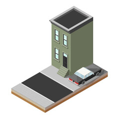 Isometric house car banner. Auto transportation route map, 3D automobile logistic, isometric house transport, flat isometry home city auto car, infographic vehicle. Low poly style car vehicle model