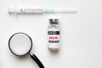 Vaccine bottles covid - 19 delta variant, vials medicine and syringe injection isolated on white....