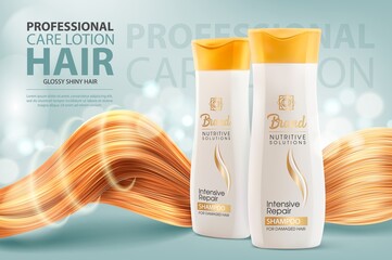Hair shampoo or conditioner, cosmetic bottles and shining hair vector ad banner. Professional care lotion tubes for intensive repair. Cosmetics beauty product advertising, realistic 3d template - obrazy, fototapety, plakaty