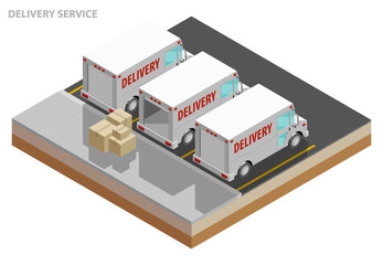 Isometric delivery van. Cargo truck transportation, box on route, Fast delivery logistic 3d carrier transport, app isometry city freight car, infographic loading goods. Low poly style vehicle truck
