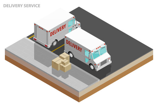 Isometric delivery van. Cargo truck transportation, box on route, Fast delivery logistic 3d carrier transport, app isometry city freight car, infographic loading goods. Low poly style vehicle truck