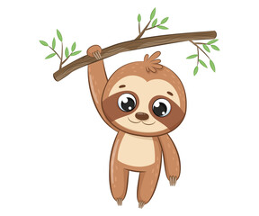 Cute sloth hanging on a tree branch.Cartoon vector illustration. © Arina