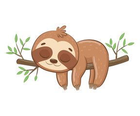 Cute sloth sleeps sweetly.Cartoon vector illustration. - obrazy, fototapety, plakaty
