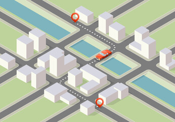 Isometric city map navigation, point markers background, app isometry drawing schema, 3D simple city plan GPS navigation, final destination arrow paper city map. Route delivery check point graphic