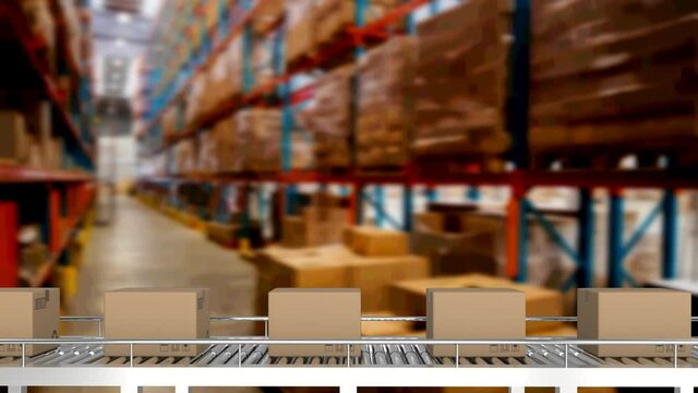Animation of cardboard boxes moving on conveyor belt over warehouse