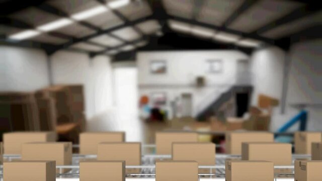 Animation of cardboard boxes moving on conveyor belts over warehouse