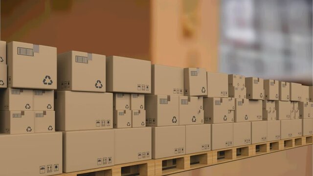 Animation of cardboard boxes moving on conveyor belt over warehouse