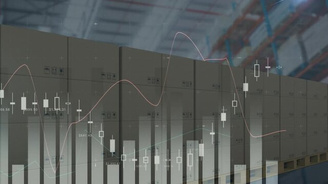 Animation of statistics processing over cardboard boxes on conveyor belt in warehouse