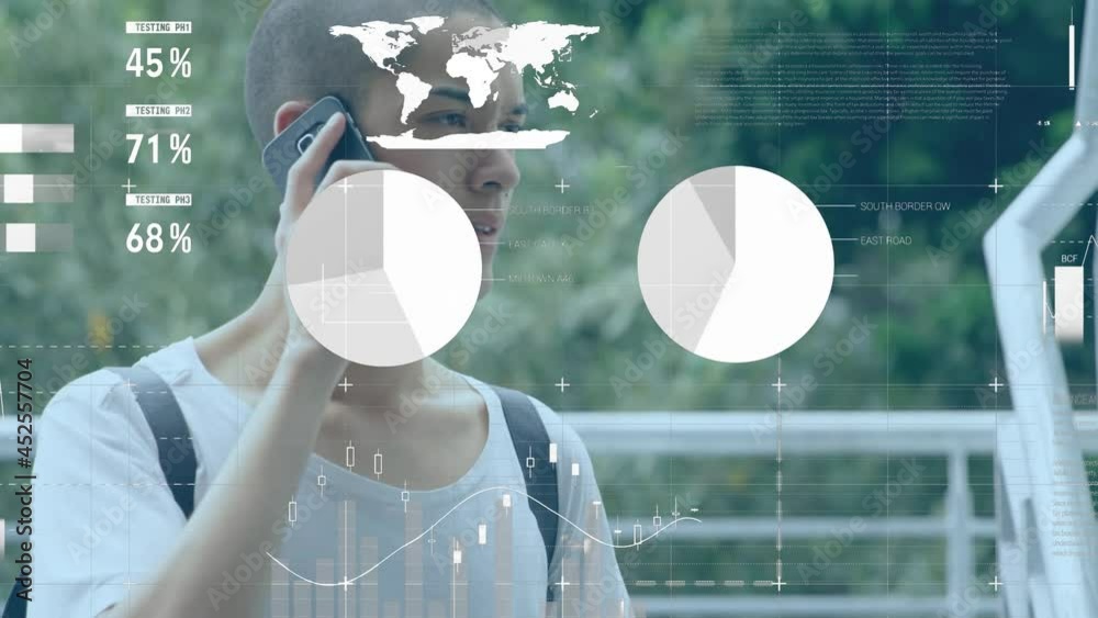 Poster animation of statistics and data processing over man using smartphone