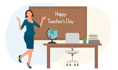 Happy teacher’s day. Beautiful joyful woman teacher near blackboard and desk with globe and books. Vector illustration